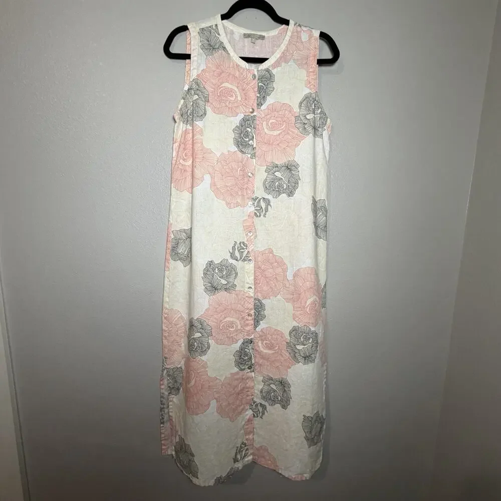 Joan Vass Sleeveless Dress Size Medium 100% Linen Floral Maxi Beach Casual